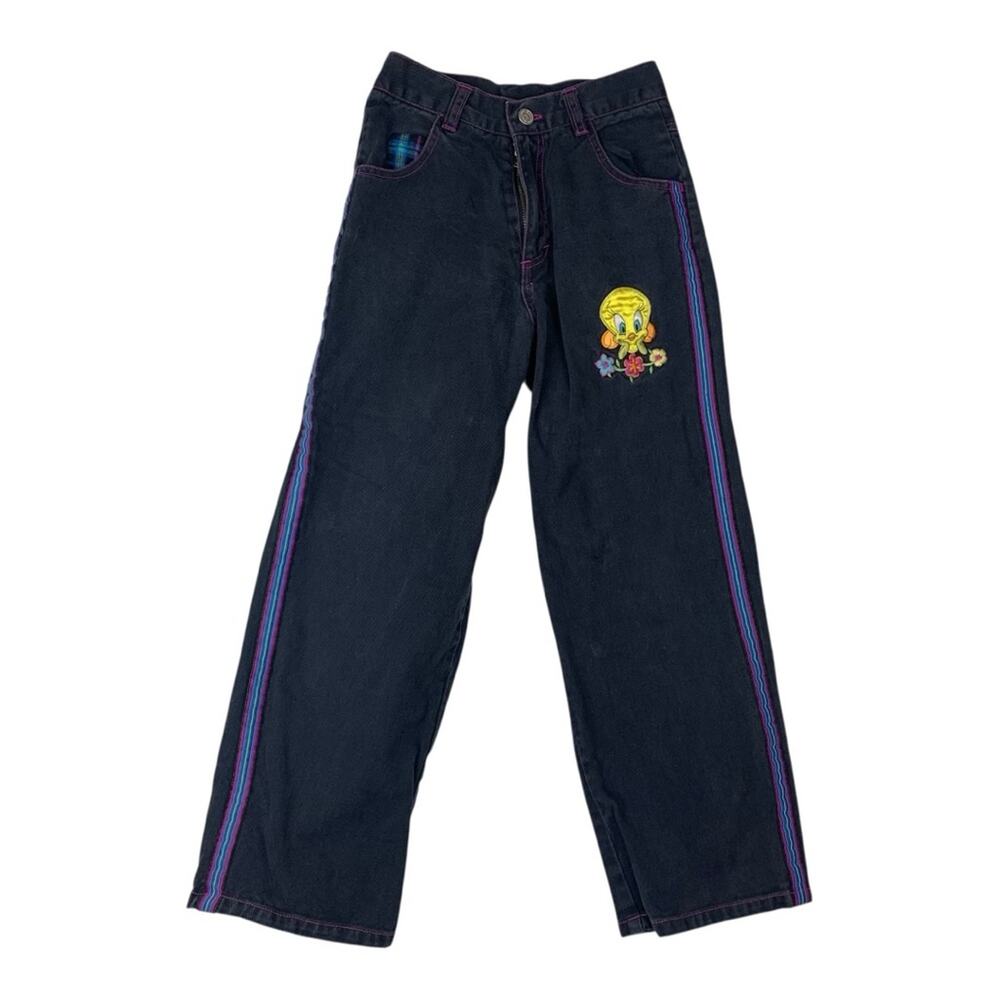 vintage Tweety bird girls size 10 Looney tunes black jeans wide leg retro